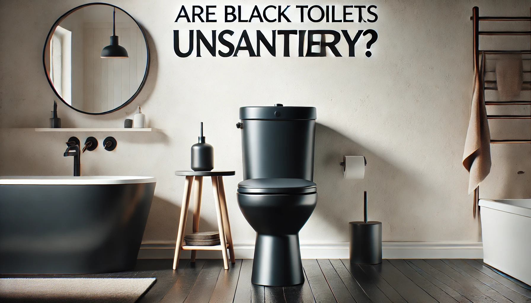 A modern black toilet in a clean, minimalistic bathroom with text overlay: 'Are Black Toilets Unsanitary?