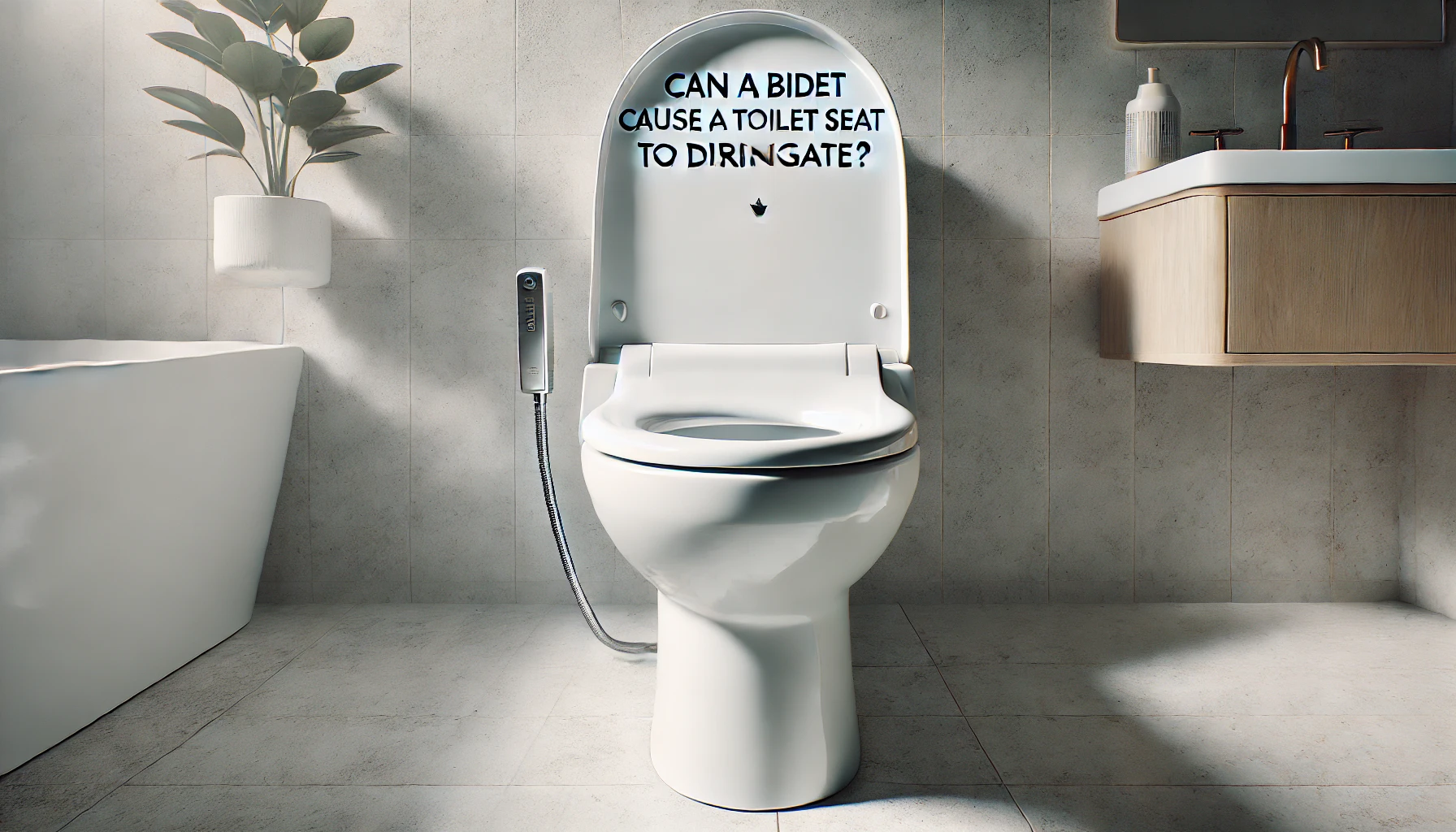 Realistic close-up of a toilet in a modern bathroom with a bidet attachment, showing slight wear on the toilet seat and the title 'Can a Bidet Cause a Toilet Seat to Disintegrate?