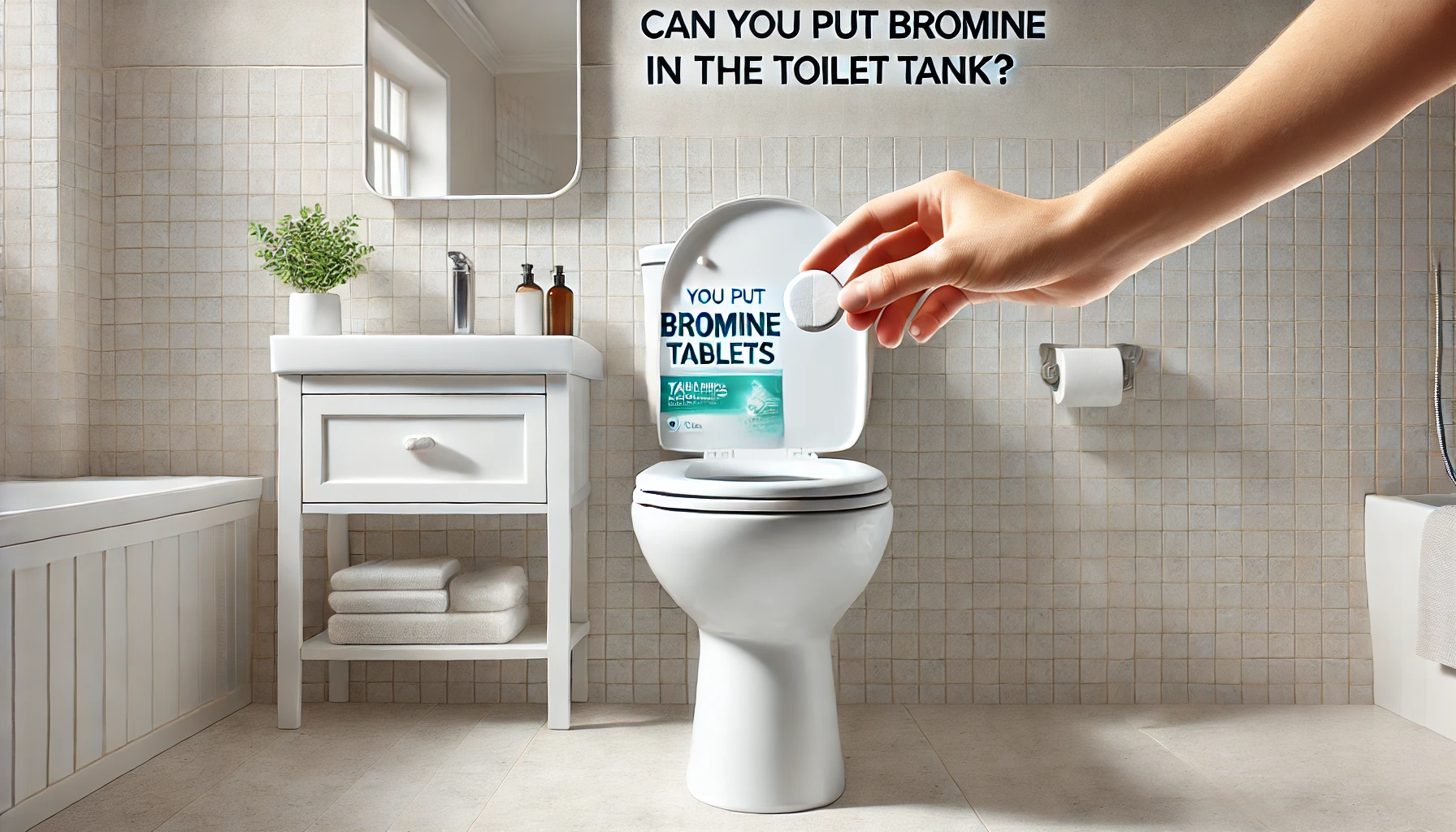 A hand holding bromine tablets above a white toilet tank in a modern bathroom, with the heading 'Can you Put Bromine Tablets in the Toilet Tank?