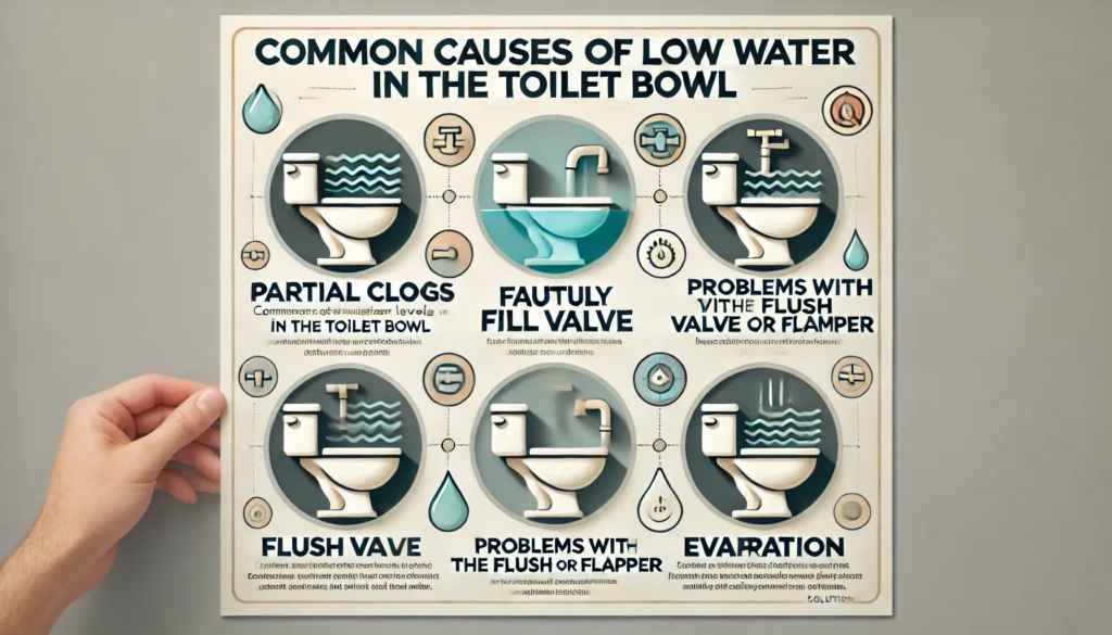 Graphic showing common causes of low water levels in the toilet bowl with sections for Partial Clogs, Faulty Fill Valve, Problems with the Flush Valve or Flapper, and Evaporation. Each section includes space for solutions.