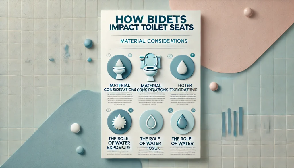 Graphic titled 'How Bidets Impact Toilet Seats,' with subheadings 'Material Considerations' and 'The Role of Water Exposure,' set against a bathroom-themed background.