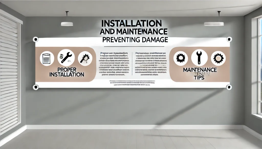 Installation and Maintenance: Preventing Damage banner with subheadings for Proper Installation and Maintenance Tips, featuring subtle technical icons.