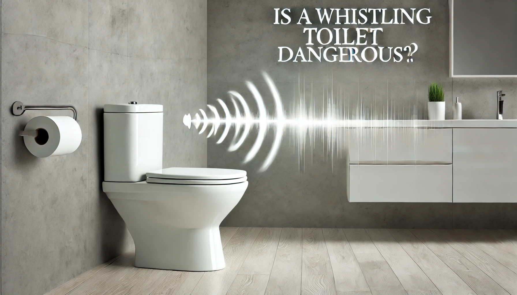 Close-up of a modern bathroom toilet emitting sound waves, symbolizing a whistling noise with text overlay 'Is a Whistling Toilet Dangerous?