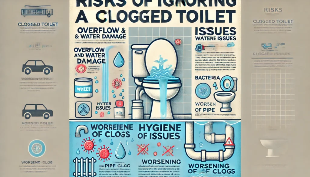 Infographic on risks of ignoring a clogged toilet with sections on overflow and water damage, hygiene issues, and worsening of clogs.