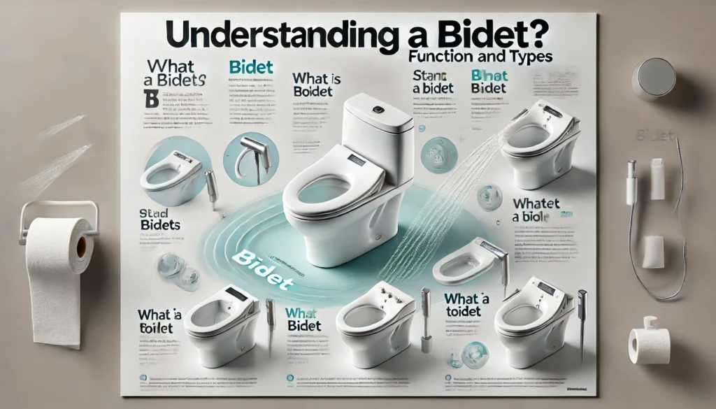 Infographic explaining bidets, including their function and types, with simple icons of stand-alone bidets and bidet seats.