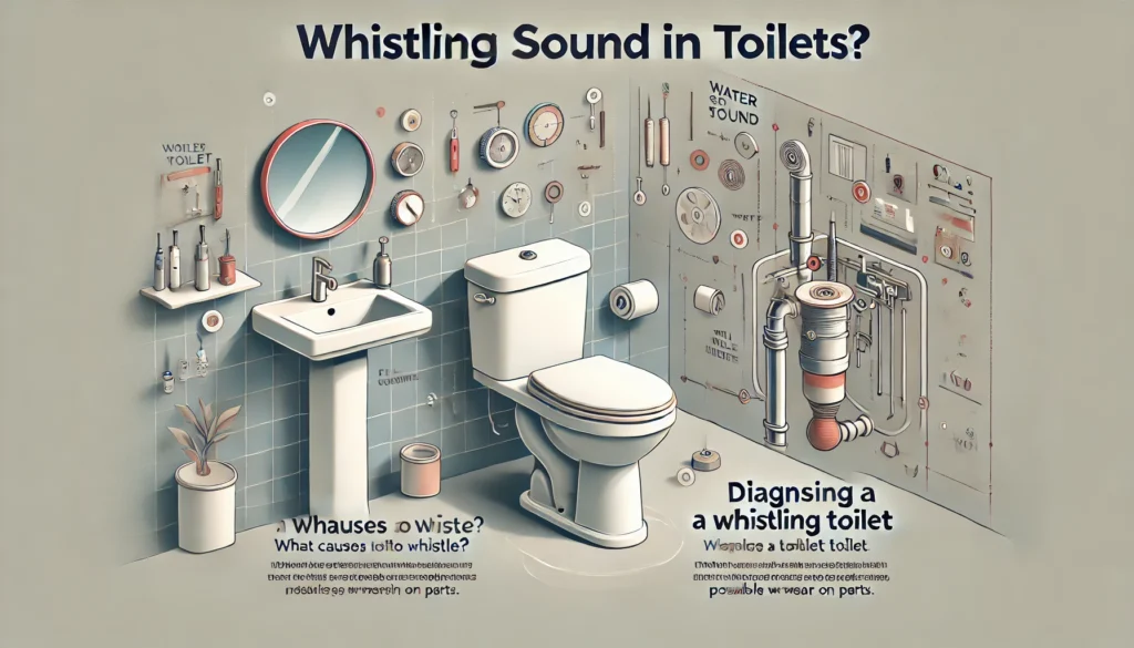 Banner titled 'Whistling Sound in Toilets' showing subheadings 'What Causes a Toilet to Whistle?' and 'Diagnosing a Whistling Toilet,' with illustrations of a toilet and its fill valve.