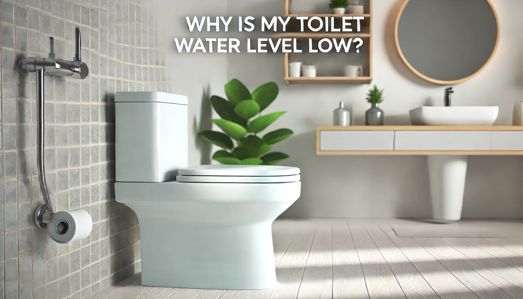 A close-up image of a toilet with a visibly low water level in a modern bathroom, with the title text "Why Is My Toilet Water Level Low?" prominently displayed.