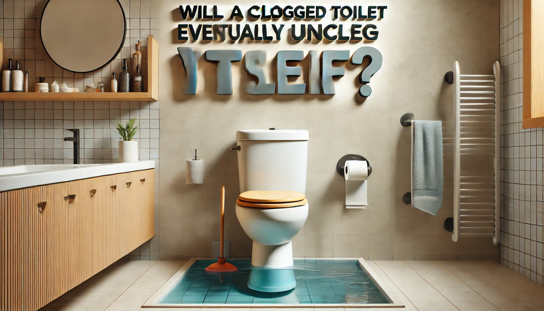 A clean, modern bathroom with a clogged toilet and subtle water visible above the drain, hinting at a plumbing issue. The text 'Will a Clogged Toilet Eventually Unclog Itself?' is displayed in bold.