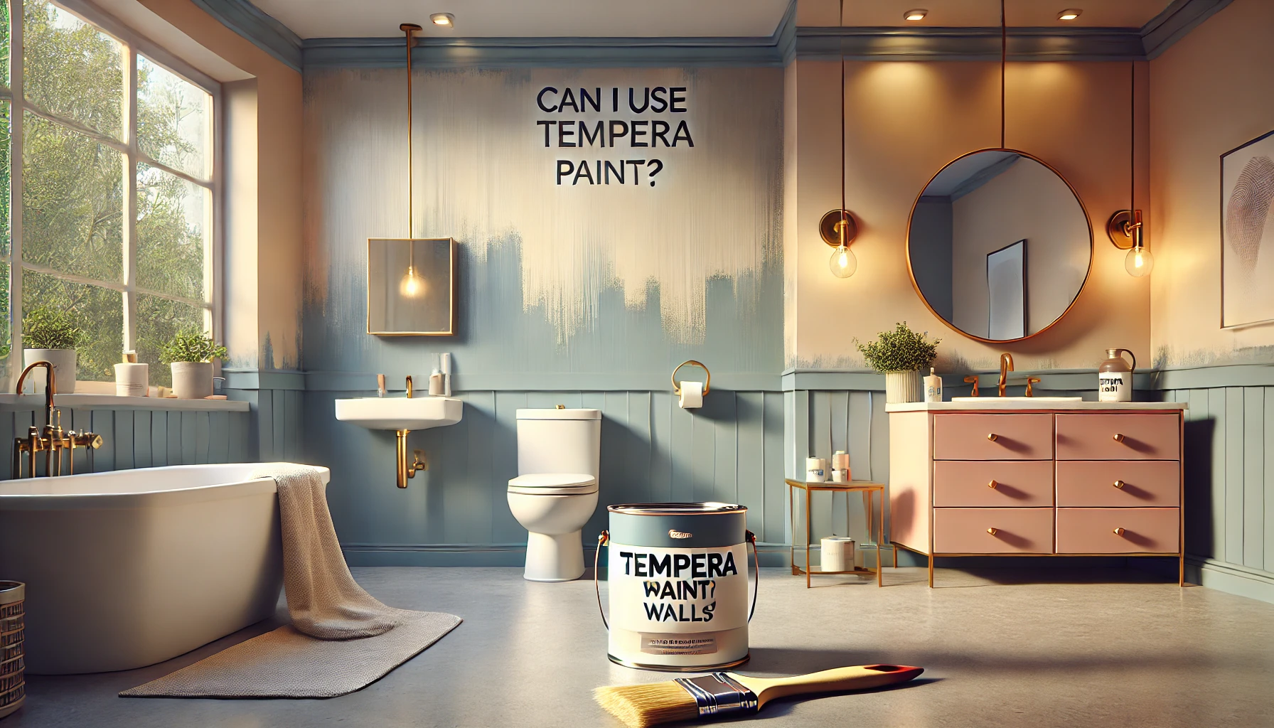 A modern bathroom with one freshly painted wall using tempera paint, with a visible can of paint and paintbrush. The heading 'Can I Use Tempera Paint on My Bathroom Walls?' is displayed clearly.