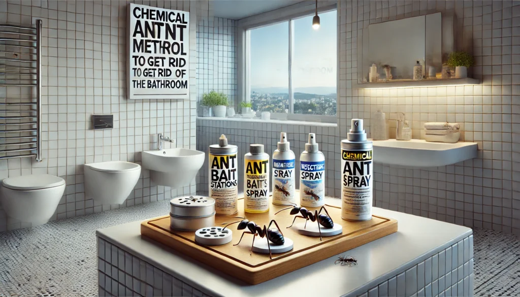 A modern bathroom with ant bait stations and insecticide sprays on the countertop. The sub-headings 'Bait Stations' and 'Insecticide Sprays' are clearly displayed.