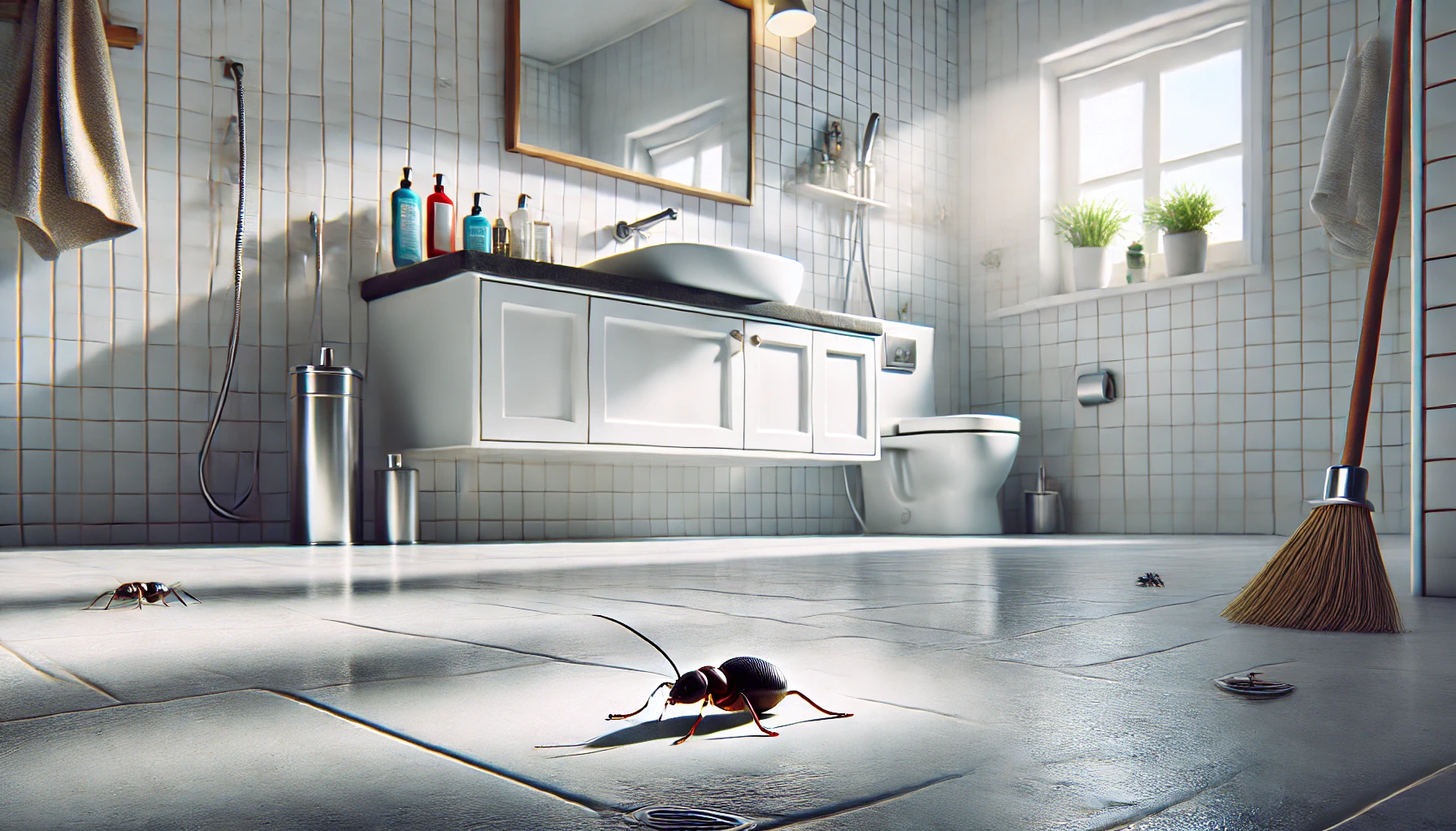 A clean, modern bathroom with a small pest insect (pissant) on the floor. The heading "How to Get Rid of Pissants in the Bathroom?" is clearly displayed.