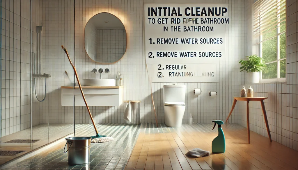 A modern bathroom being cleaned with a mop and spray bottle. The sub-headings 'Remove Water Sources' and 'Regular Cleaning' are clearly displayed.