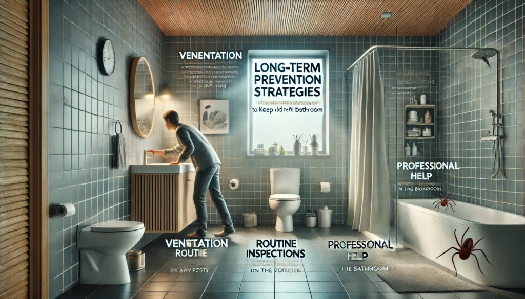 A modern bathroom with open ventilation, a person inspecting for pests, and a pest control professional. The sub-headings 'Ventilation', 'Routine Inspections', and 'Professional Help' are clearly displayed.