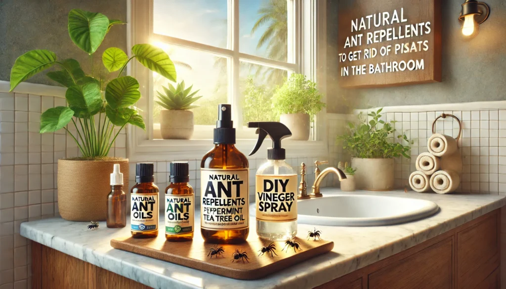 A clean bathroom with essential oils bottles and a DIY vinegar spray bottle on the counter. The sub-headings 'Essential Oils' and 'DIY Vinegar Spray' are clearly displayed.