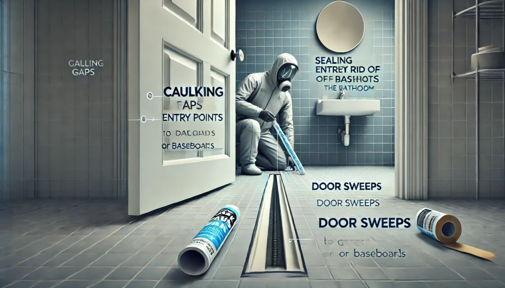 A modern bathroom with a person sealing gaps with caulk and installing a door sweep. The sub-headings 'Caulking Gaps' and 'Door Sweeps' are clearly displayed.